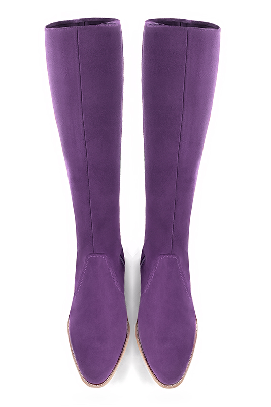 Amethyst purple women's riding knee-high boots. Round toe. Low leather soles. Made to measure. Top view - Florence KOOIJMAN